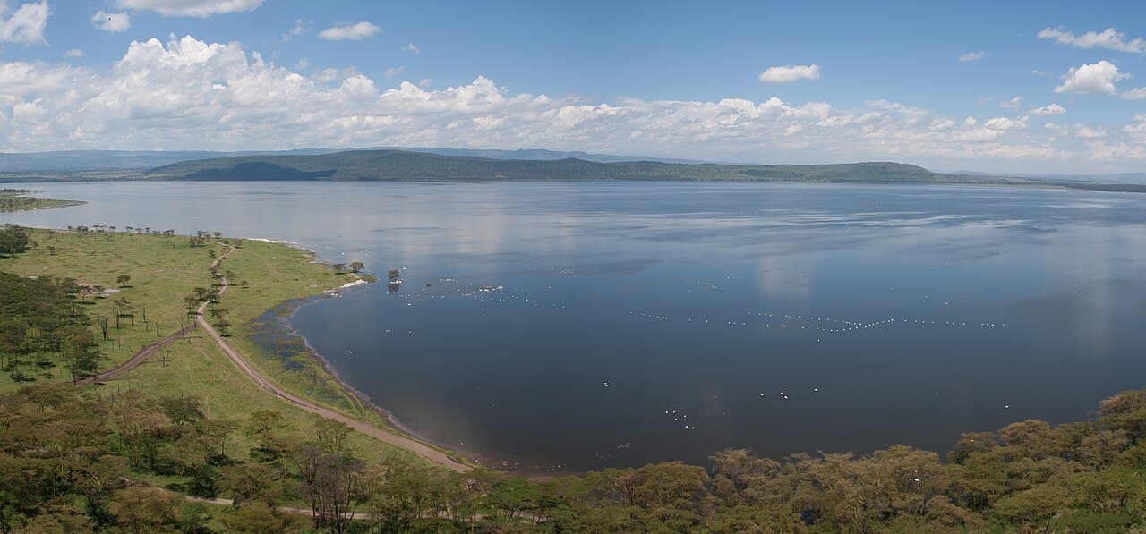 Wide panoramic view across Lake Naivasha in Kenya